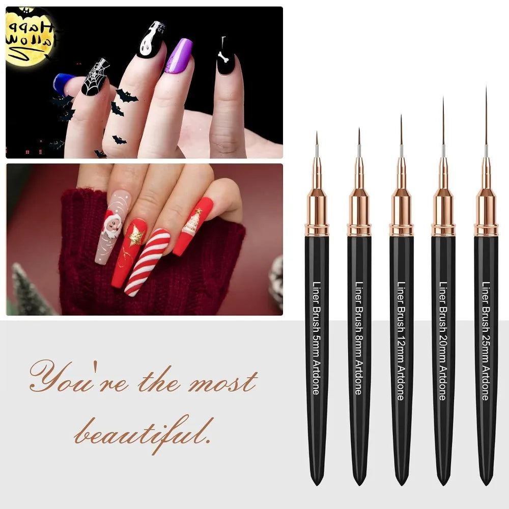 5PCS Nail Art Liner Brush Set Metallic Painting Pens for Long Lines Thin Details Fine Drawing UV Gel Polish Nail Design Tool Kit 5 8 12 20 25mm Sizes