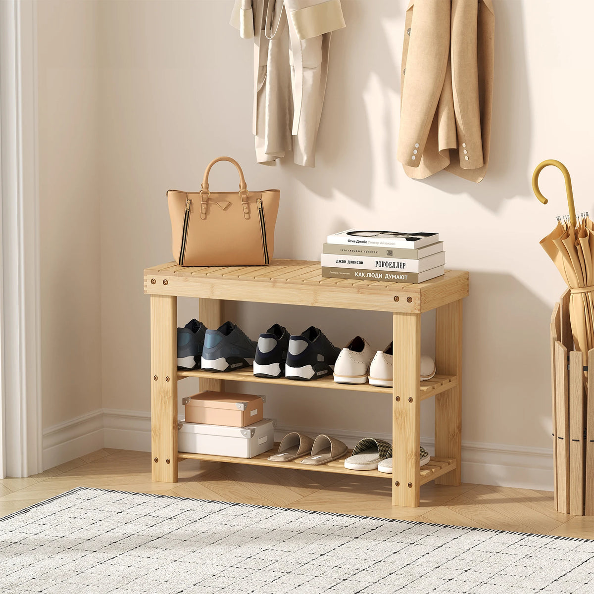 MCQ 3 Tier Wood Shoe Cabinet 27 Inches Bamboo Shoe Rack Storage Bench for Entryway 286 LBS Capacity For Entrance Living Room Bedroom