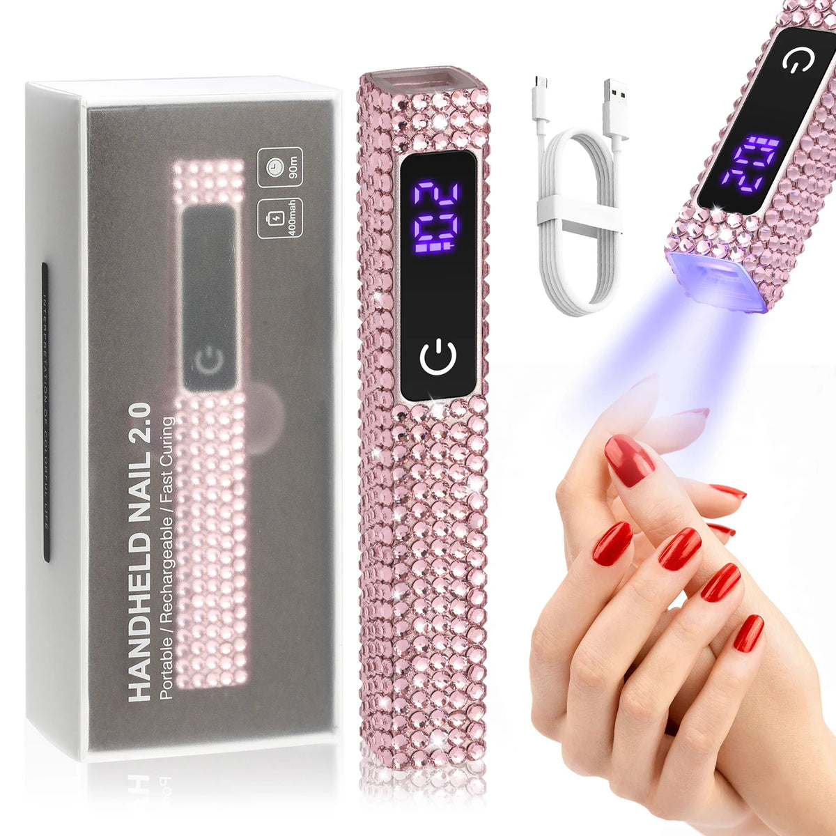 Handheld Mini  UV LED Nail Lamp With Diamonds Portable Nail Dryer Rechargeable 2-Timer Gel Curing Tool for On-the-Go Manicures