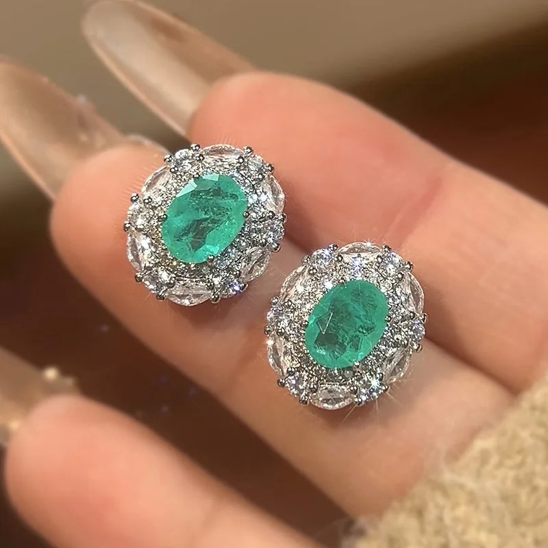 Luxury Emerald Oval Jewelry Adjustable Ring Pendant Necklace Halo Earrings Sparkling Women's Fine Jewelry for Wedding Party Gift