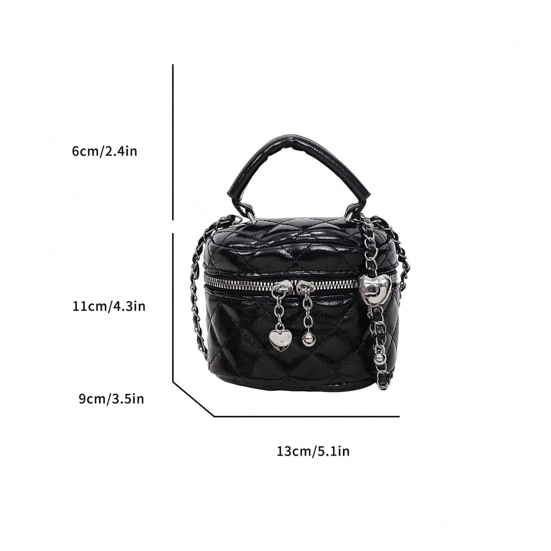 Mini Box Crossbody Bag, Silver Quilted Metallic Purse with Chain Strap, Top Handle & Heart Charm, Women's Evening Clutch