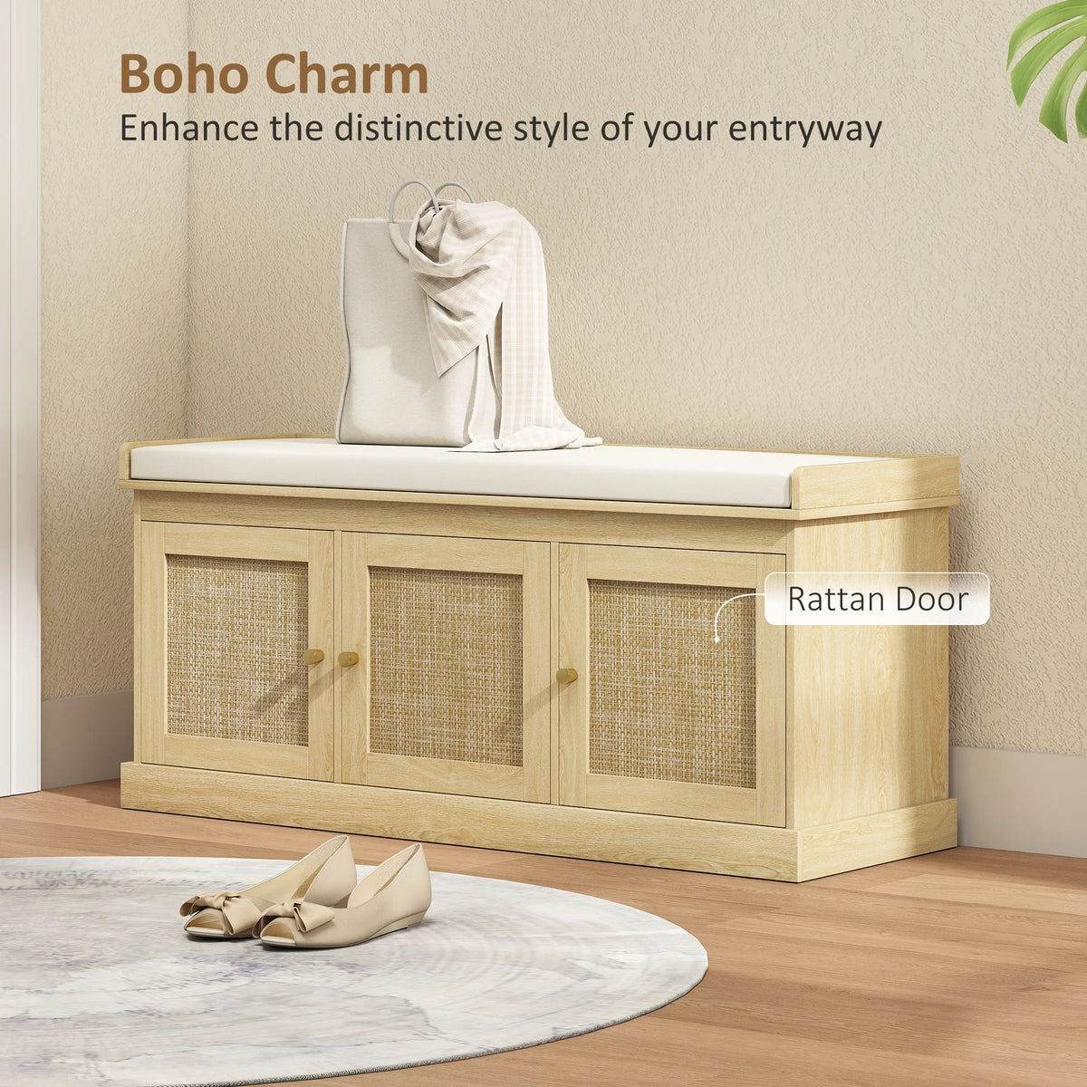 HOMCOM Shoe Bench with Woven Rattan Doors, Shoe Storage Bench with Cushion, Adjustable Shelves for 9 Pairs, Boho Style Entryway Bench for Bedroom, Living Room, 13.8 x 41.3 x 18.5 Inches, Oak Tone