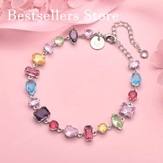 Luxury 925 sterling silver 8-inch exquisite colored zircon bracelet for women's fashionable wedding jewelry accessories