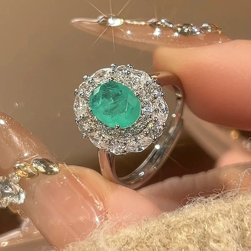 Luxury Emerald Oval Jewelry Adjustable Ring Pendant Necklace Halo Earrings Sparkling Women's Fine Jewelry for Wedding Party Gift