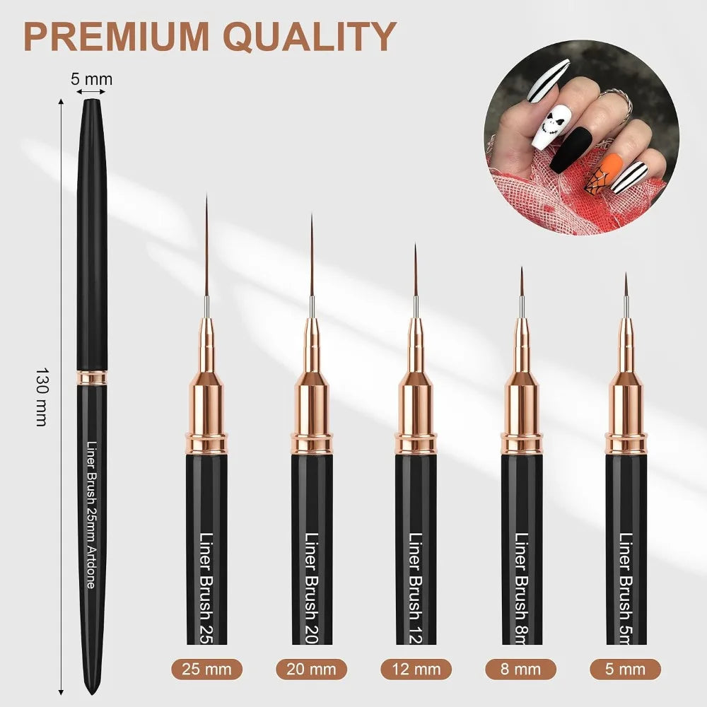 5PCS Nail Art Liner Brush Set Metallic Painting Pens for Long Lines Thin Details Fine Drawing UV Gel Polish Nail Design Tool Kit 5 8 12 20 25mm Sizes