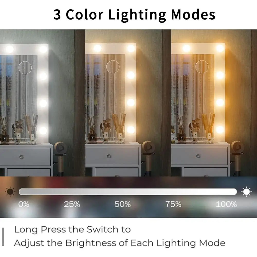 USOU 13 Ders Vanity Desk, 47''W Makeup Vanity with Power Outlet, Vanity Table with Mirror and 12 LED Bulbs, 3 Color Lighting es,