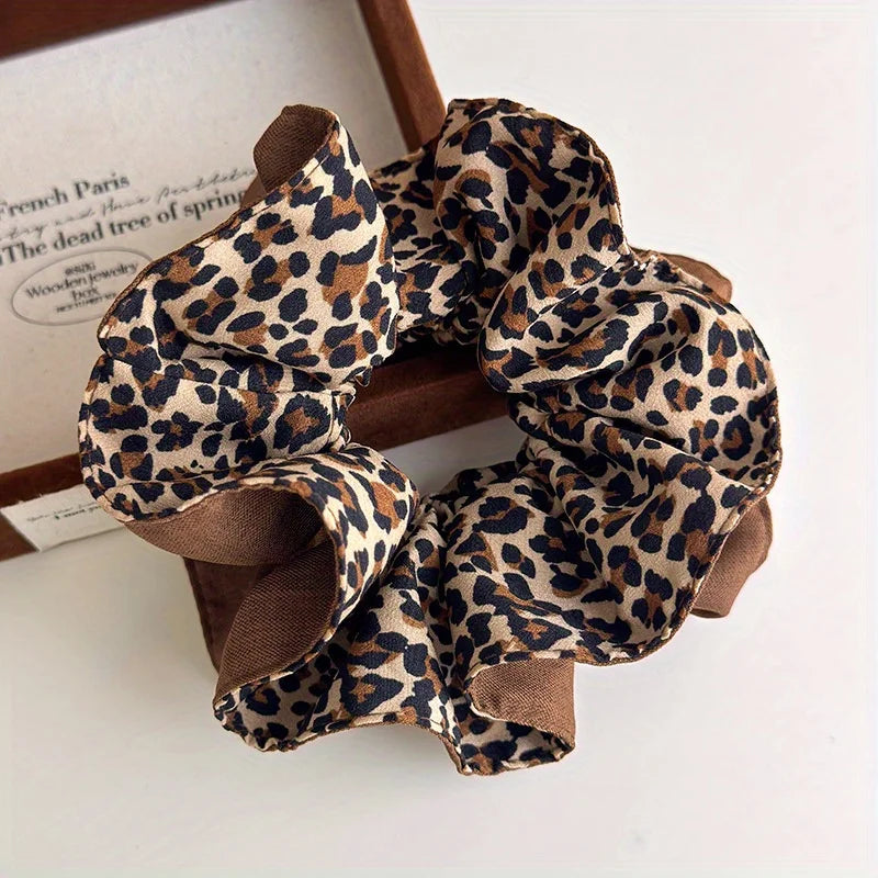 Coffee Leopard Double-Layer Hair Tie with Advanced Sense Hair Rope Flower Bud Head Rope Autumn Winter Hair Accessories