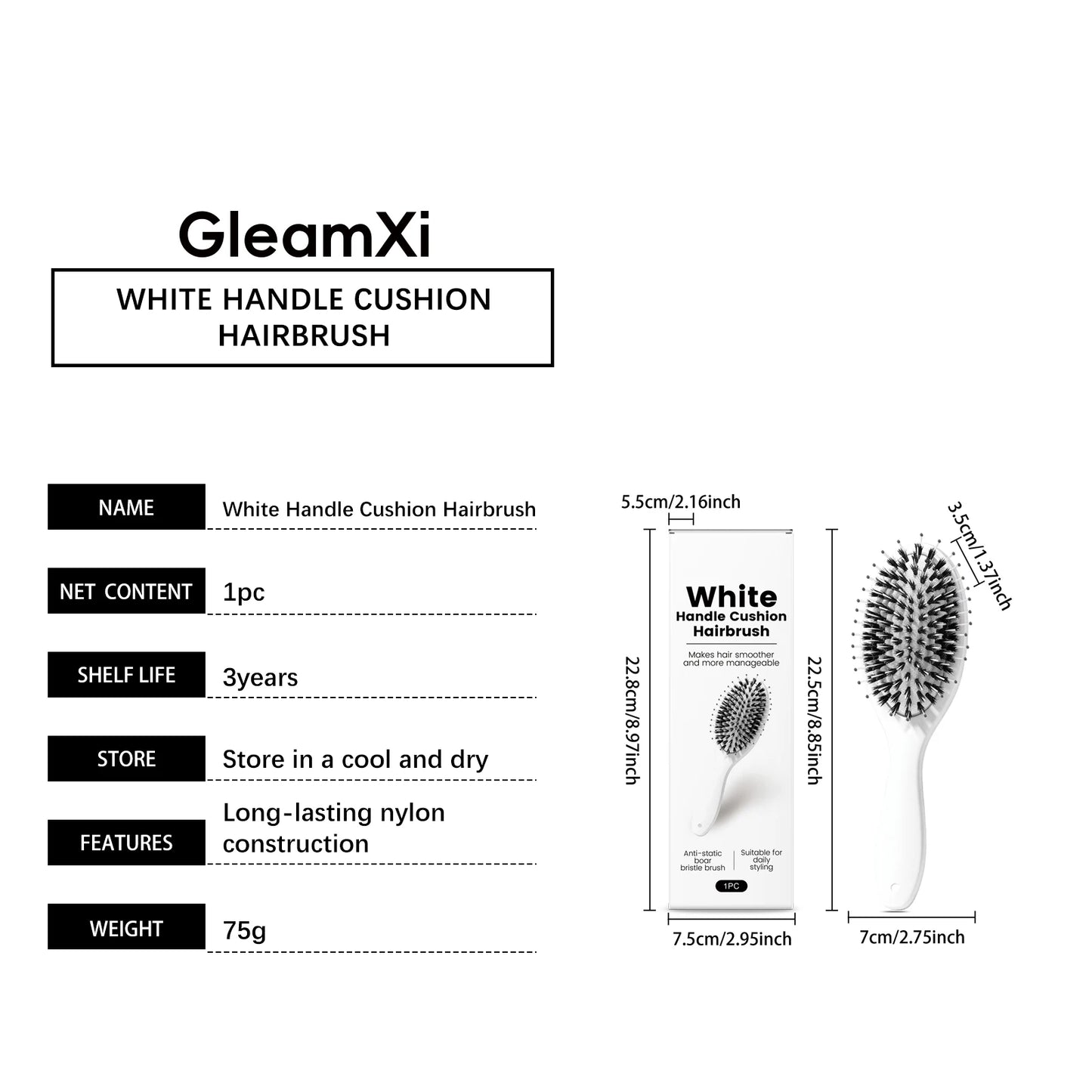 Cushion Hair Brush White Boar Bristles Detangling Anti-Frizz & Scalp Massage Salon Styling Tool for Curly Straight Dry&Wet Hair