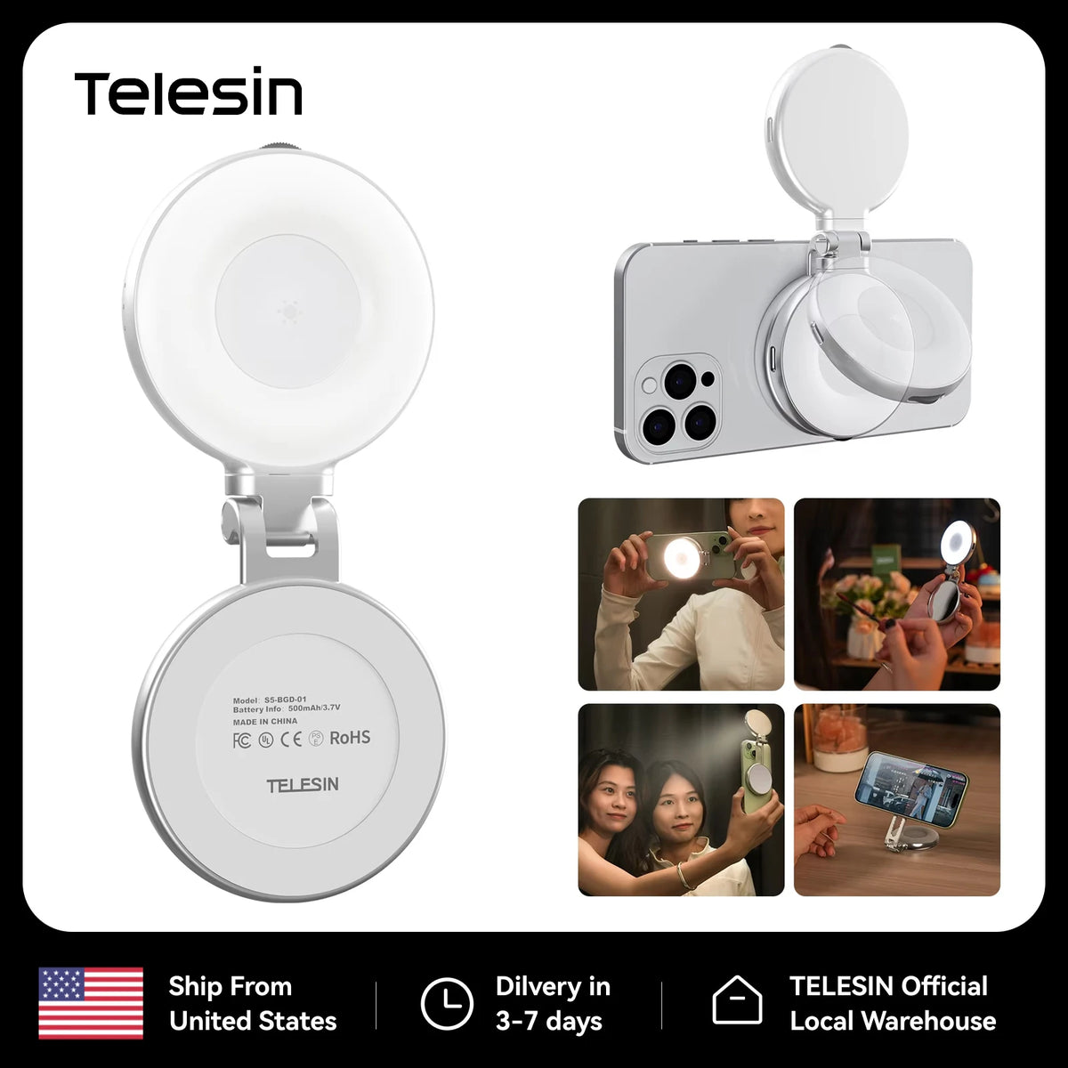 TELESIN Magnetic Fill Light Mini Selfie Light 3 Modes Adjustable Brightness with iPhone Magsafe 360° LED Selfie Ring Fill Light