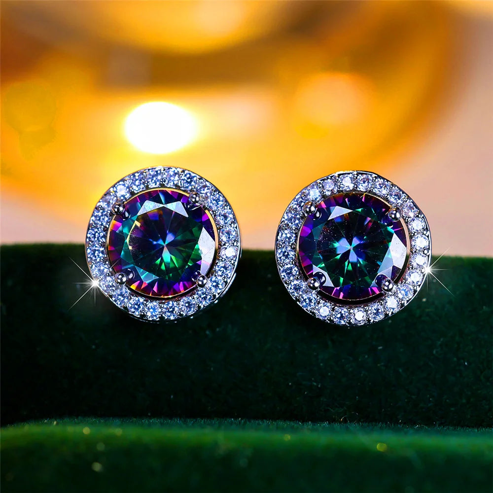 Luxury Female Crystal Purple Blue Green Round Stud Earrings Silver Color Wedding Jewelry For Women