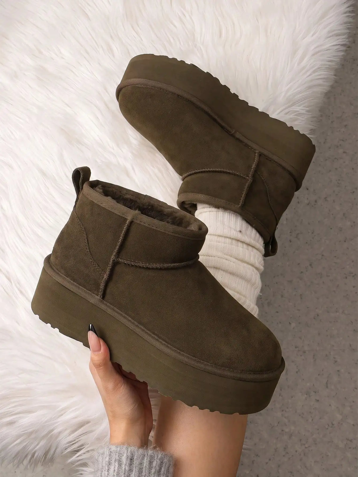 Women Furry Ankle Boots Genuine Leather 1.96-Inch Platform Winter Snow Boots Soft Suede Outdoor Street Commute Cozy Warm Fashion Boots Shoes