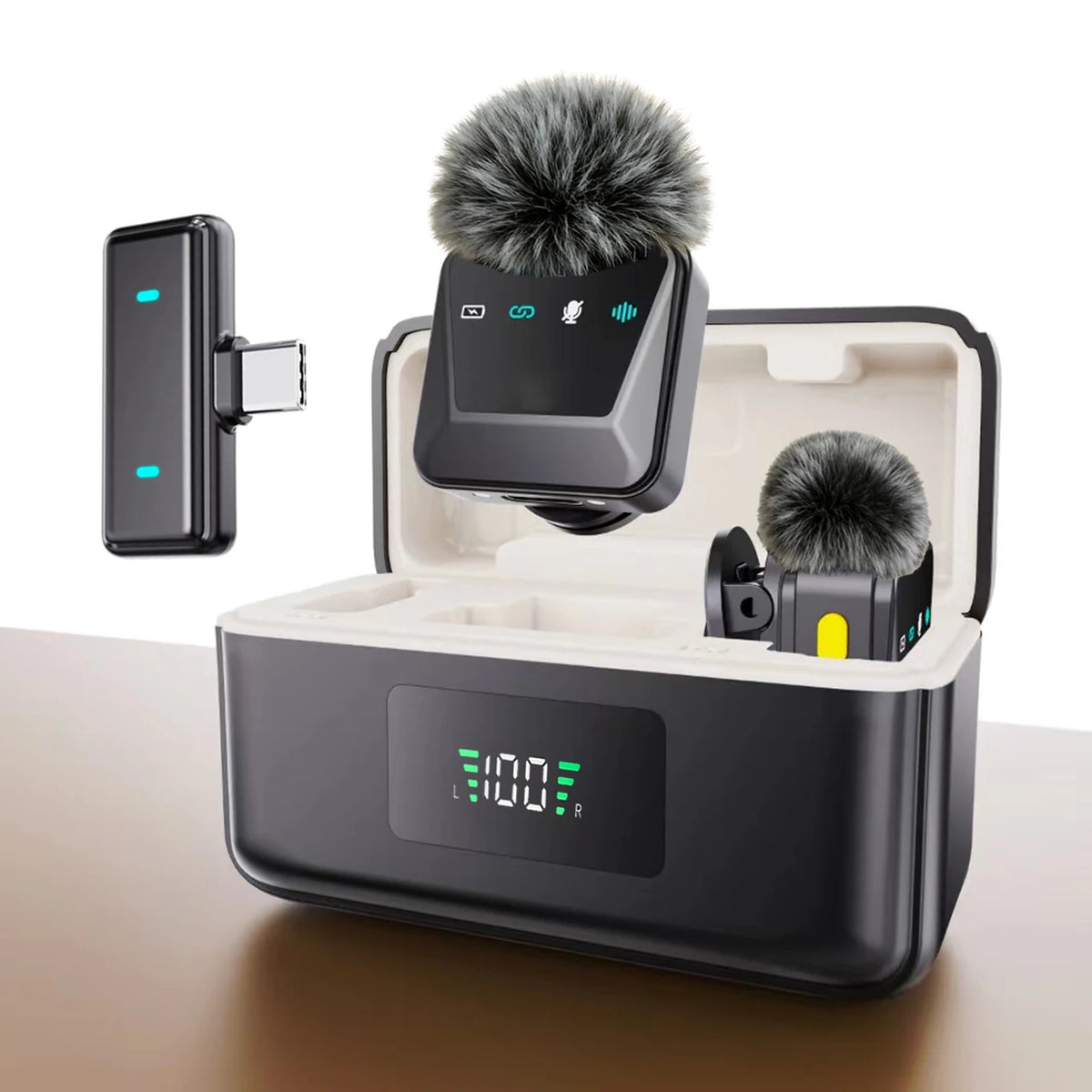 Wireless Lavalier Microphone with Charging Case, Long Battery Life, Windproof Ball, Intelligent Noise Reduction, Type-C