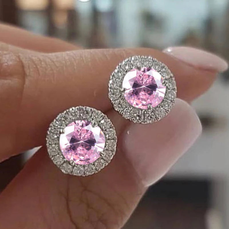 Luxury Female Crystal Purple Blue Green Round Stud Earrings Silver Color Wedding Jewelry For Women