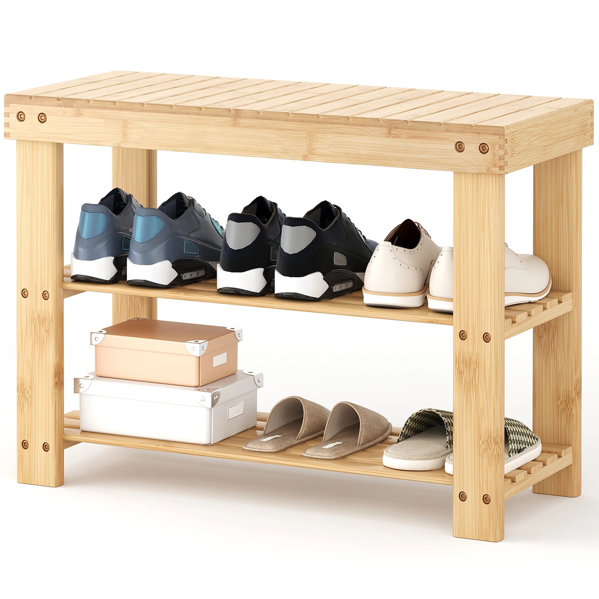 MCQ 3 Tier Wood Shoe Cabinet 27 Inches Bamboo Shoe Rack Storage Bench for Entryway 286 LBS Capacity For Entrance Living Room Bedroom