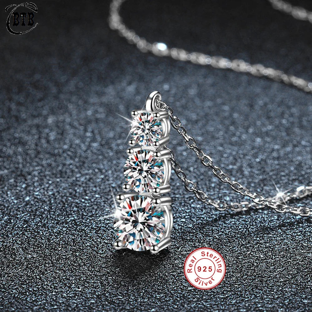 Cbtb Exquisite Three Moissanite Pendant in A Row S925 Sterling Silver Cross Chain Necklace for Women Wedding Jewelry US Shipping