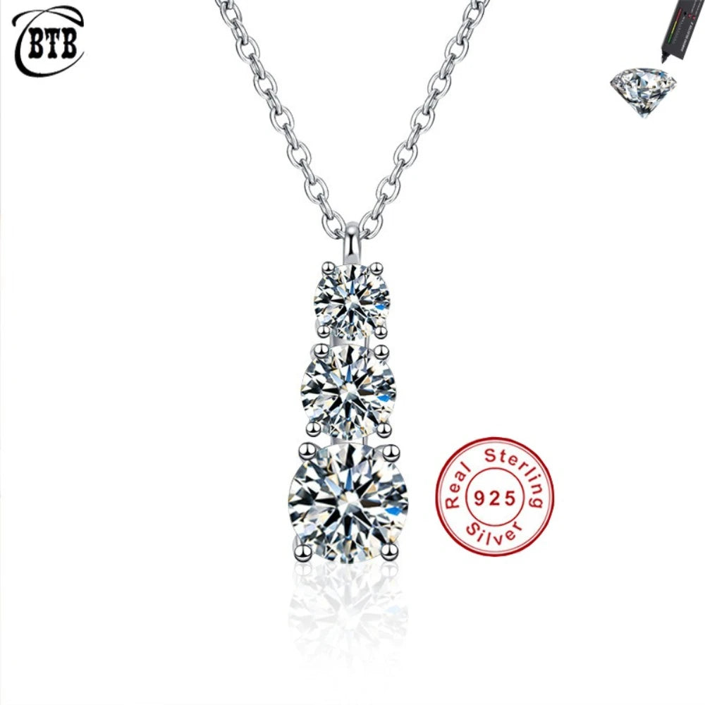 Cbtb Exquisite Three Moissanite Pendant in A Row S925 Sterling Silver Cross Chain Necklace for Women Wedding Jewelry US Shipping