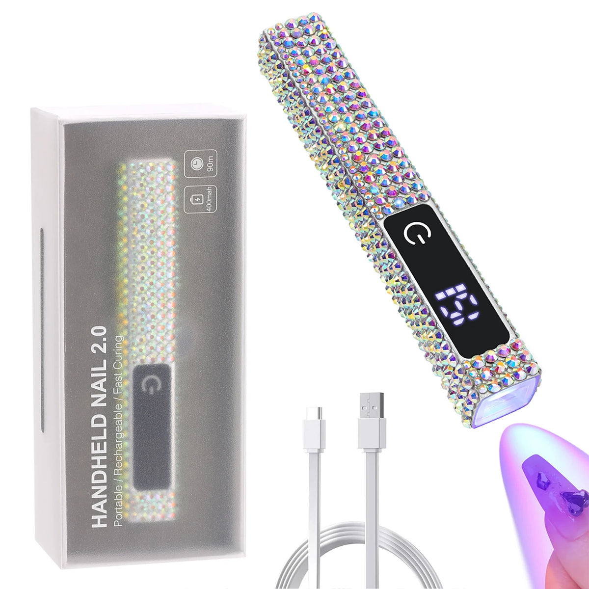 Handheld Mini  UV LED Nail Lamp With Diamonds Portable Nail Dryer Rechargeable 2-Timer Gel Curing Tool for On-the-Go Manicures