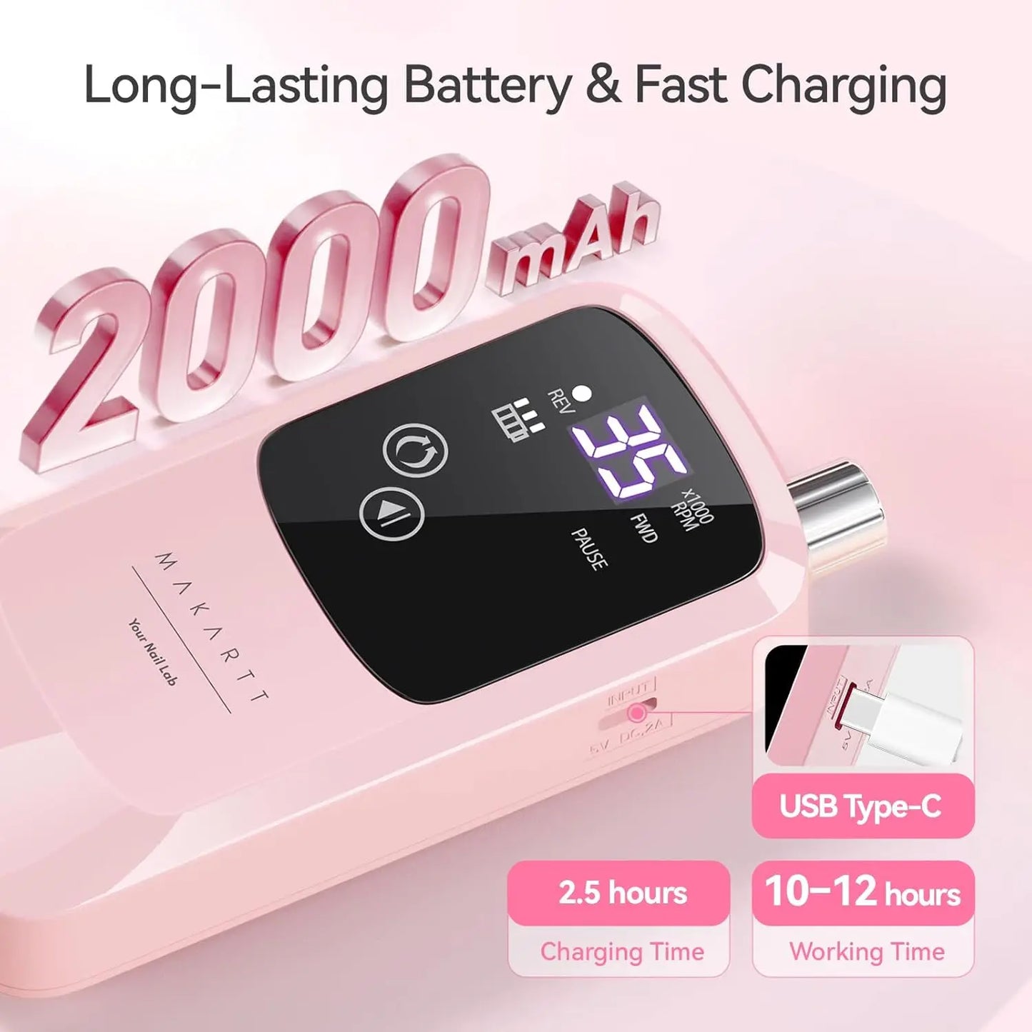 Makartt Rechargeable Electric Nail Drill 35000 RPM with Storage Stand Acrylic Gel Polishing Removing LED Display Cordless Efile