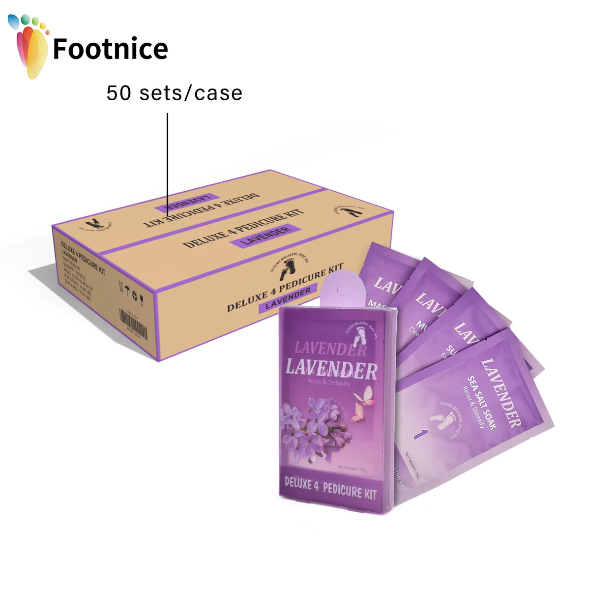 50Sets/Case FOOTNICE 4 Step Spa Pedicure Kit Foot Scrub Soak Herbal Spa Foot Peeling Skin Care 4 in 1 Deluxe Spa Pedicure Kit