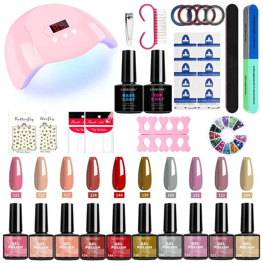 LIMEGIRL Nail Gel Polish Kit 10PCS Glitter Art Gel with Base Coat Top Coat and Quick Drying UV Lamp for Manicure Salon Supplies Tools