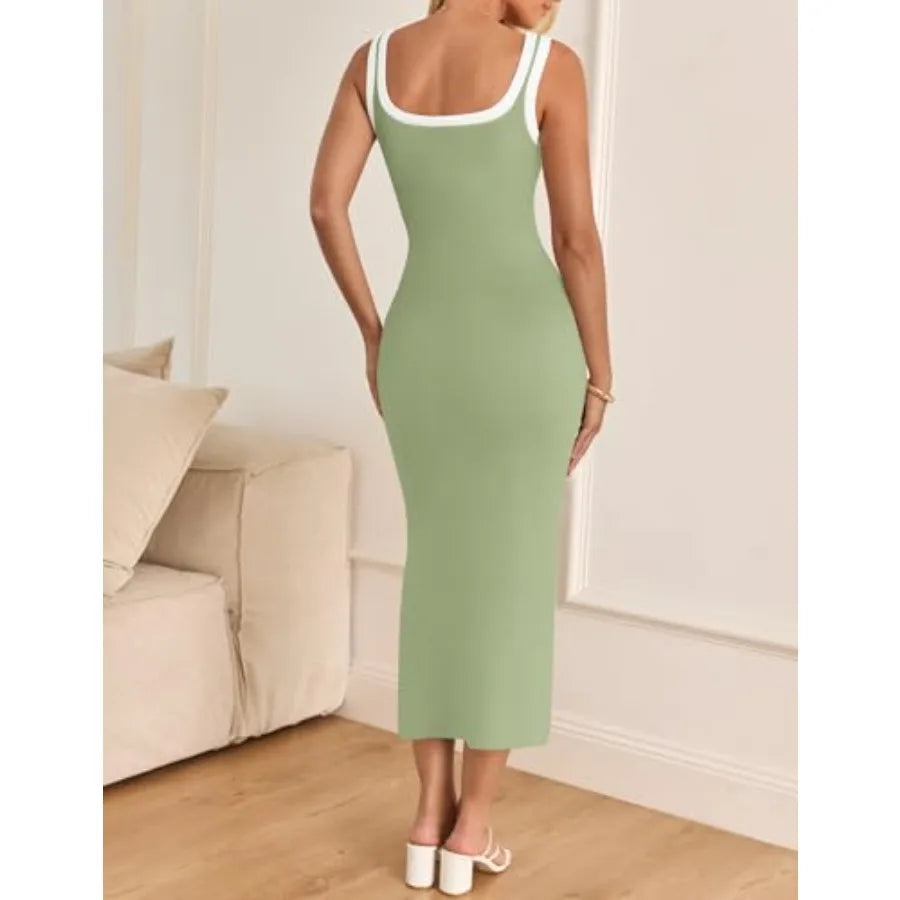 Women's 2026 Summer Bodycon Midi Dress Casual Sleeveless Square Neck Side Slit Knit Beach Vacation Long Dresses