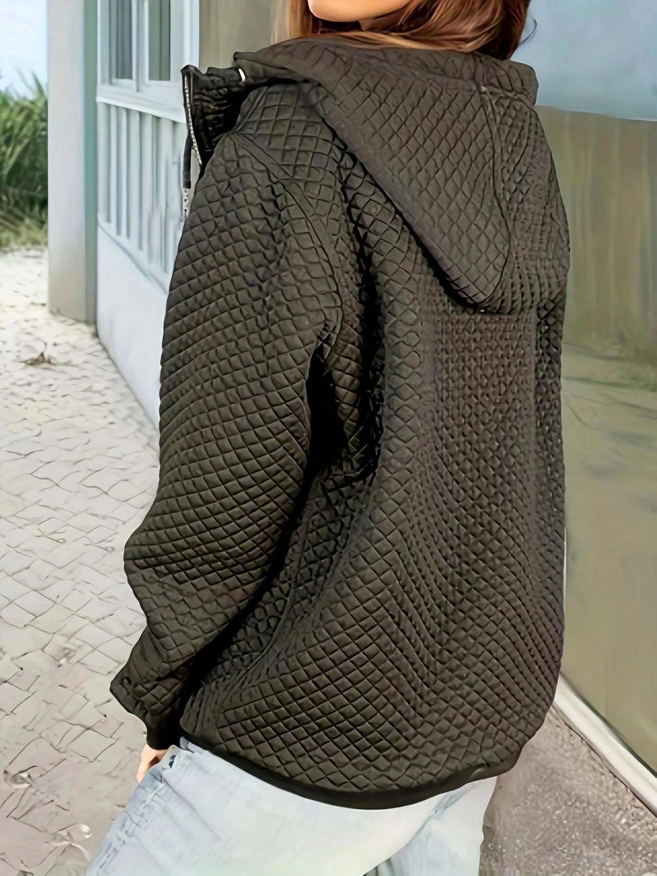 Plus size black diamond quilted stand collar zip-up jacket loose casual textured pocket versatile cropped jacket