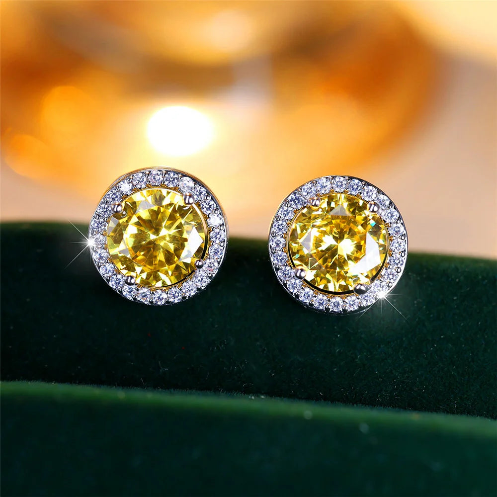 Luxury Female Crystal Purple Blue Green Round Stud Earrings Silver Color Wedding Jewelry For Women