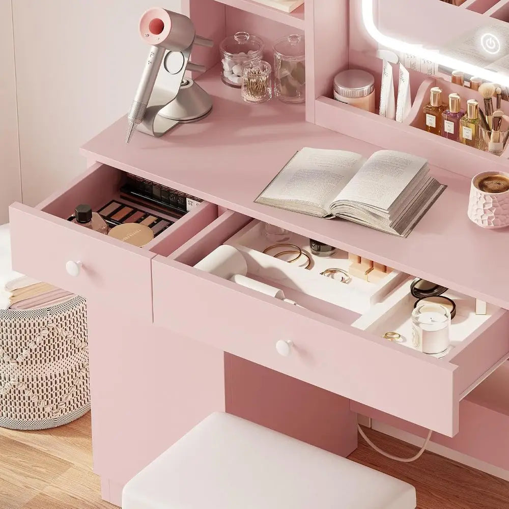 IRONCK Vanity Desk with Charging Station or Bedroom and Dring Room | LED Lights, Ders, Mirror, Storage, Der space