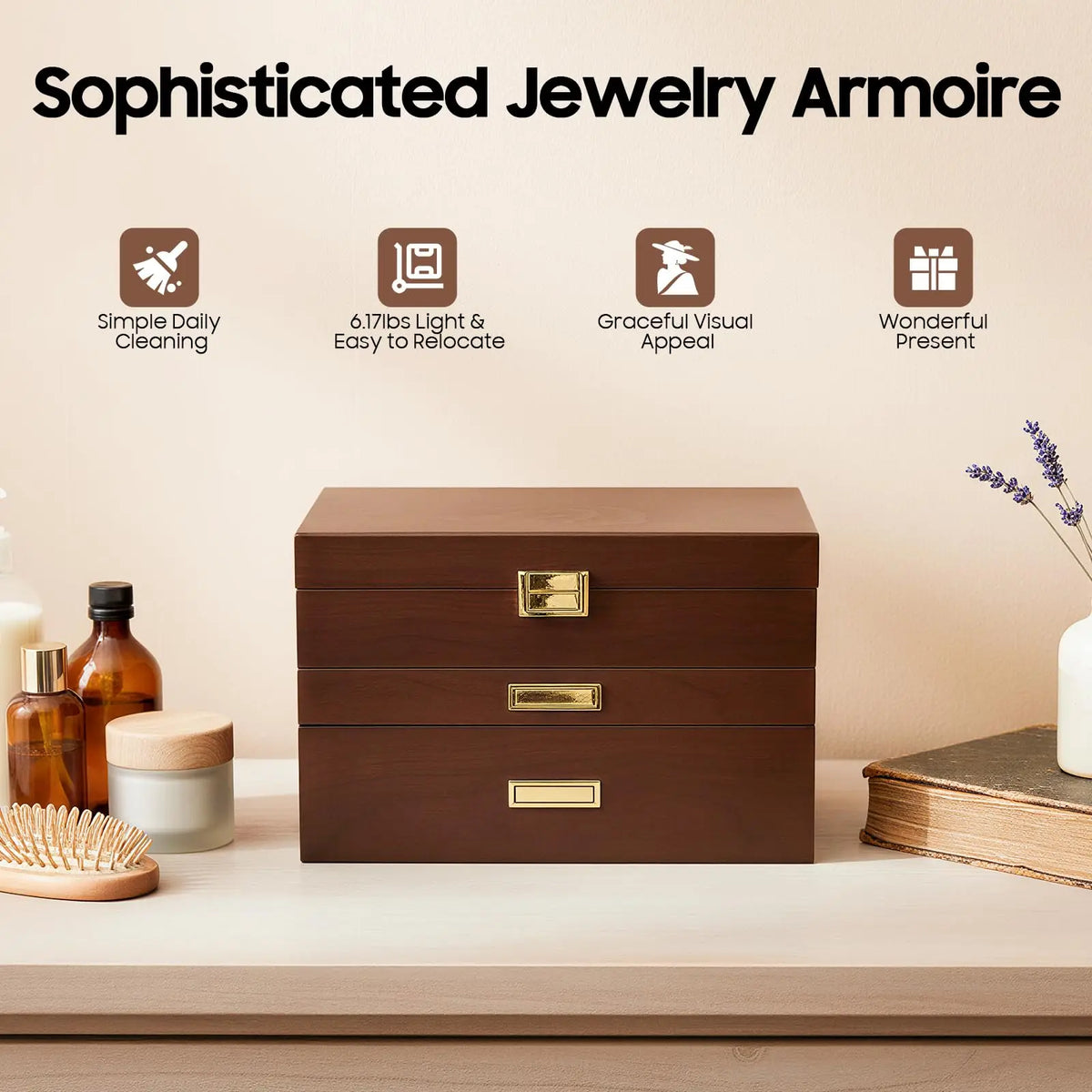Three-Tier Wooden Jewelry Box with Drawers, Women's Ring, Necklace, Earring, and Bracelet Organizer Display Box (Black Walnut)