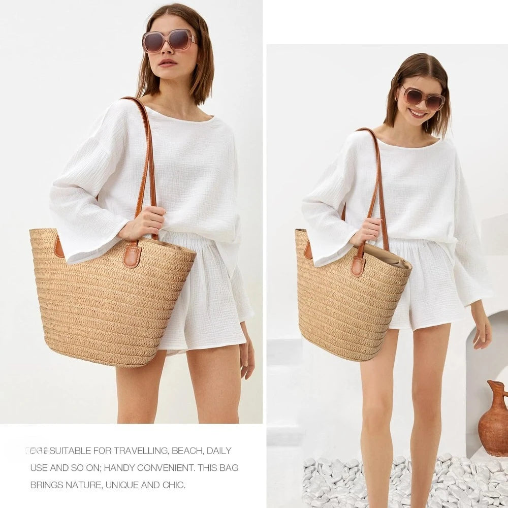 Straw Bags for Women Summer Straw Beach Bag Straw Purse Shoulder Handbags Large Beach Tote for Summer Vacation