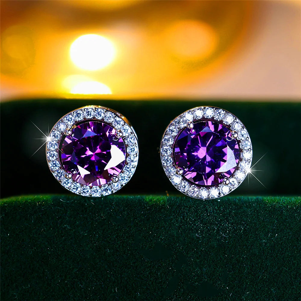 Luxury Female Crystal Purple Blue Green Round Stud Earrings Silver Color Wedding Jewelry For Women