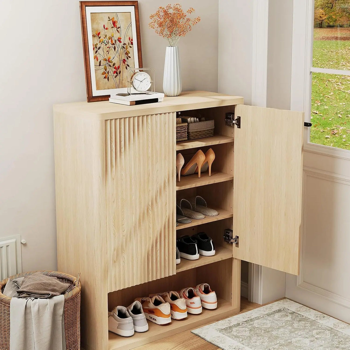 44.5 in Tall Fluted Shoe Cabinet with Doors, Large Wooden Shoe Storage Cabinet with Adjustable Shelves, Mid Century Free Standing 6-Tier Cabinet for Entryway Hallway Living Room Closet