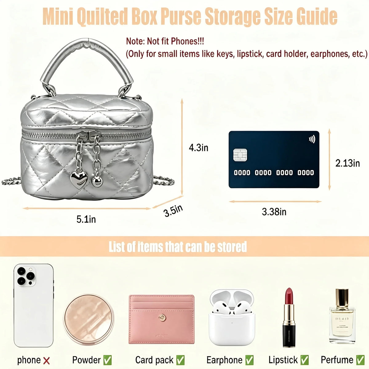 Mini Box Crossbody Bag, Silver Quilted Metallic Purse with Chain Strap, Top Handle & Heart Charm, Women's Evening Clutch