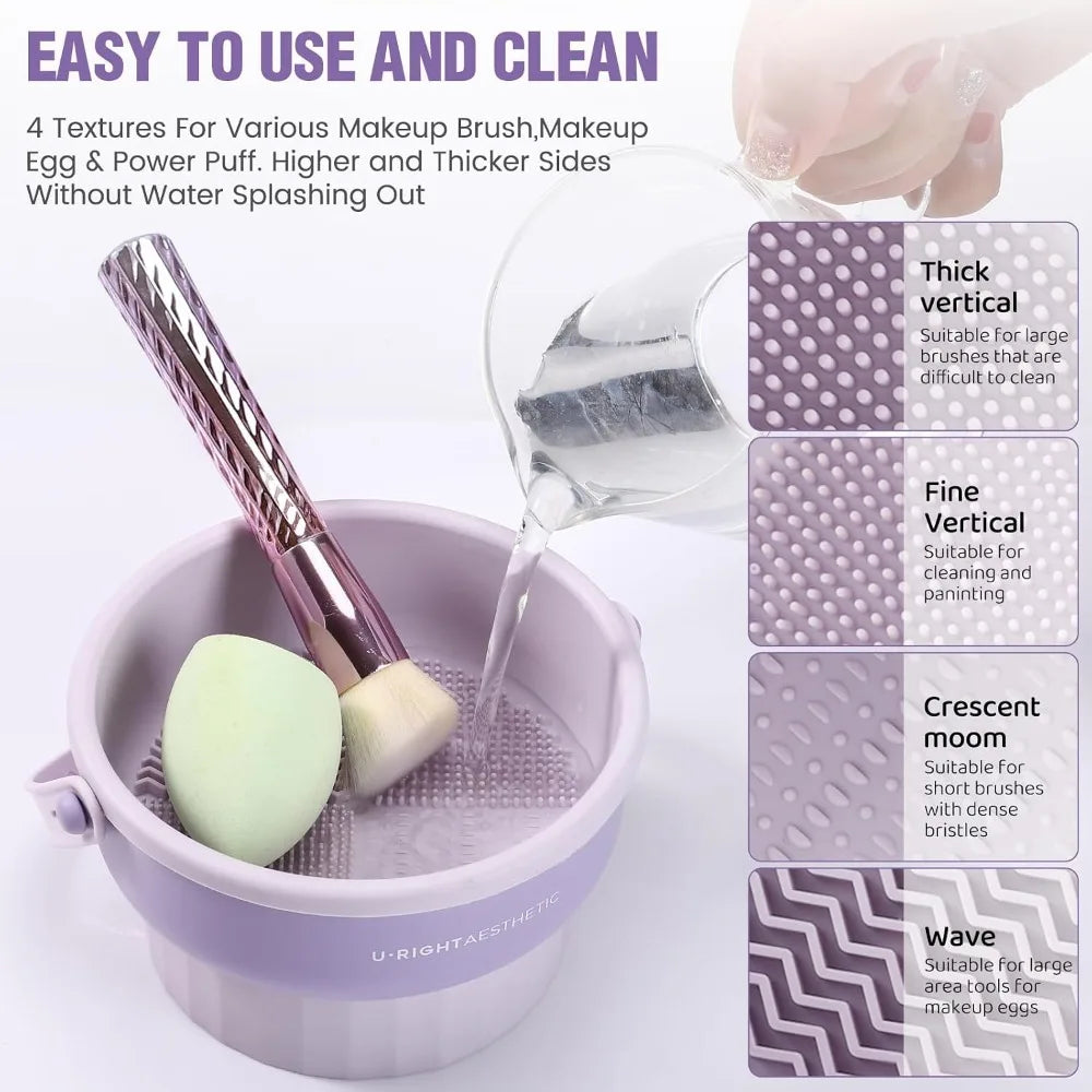 3 in 1 Silicone Makeup Brush Cleaner Mat with Washing Bowl Cosmetic Brushes Cleaning Tool Organizer for Storage and Drying Rack Khaki Color