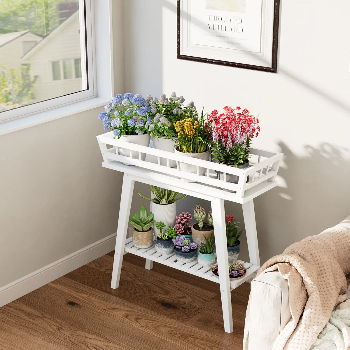 2 Tier Bamboo Plant Stand Garden Plant Shelf Flower Pot Holder for Balcony, Entryway Living Room, White