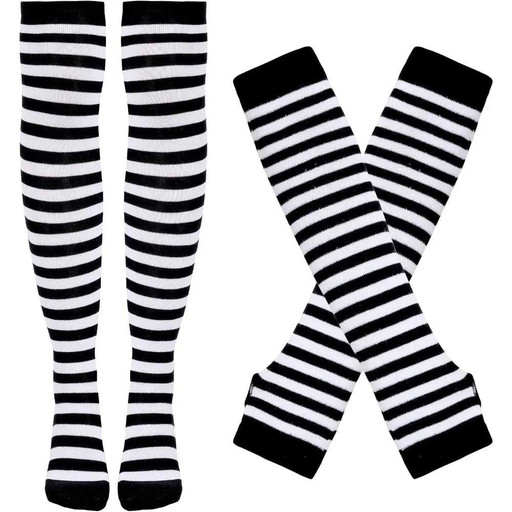Tongcloud Women Striped Knit Thigh High Over Knee Socks Set, Stretchy Long Arm Warmers Fingerless Gloves, Soft Cotton Blend Costume Accessories for Halloween Cosplay Party Daily Outfit
