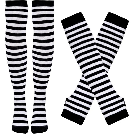 Tongcloud Women Striped Knit Thigh High Over Knee Socks Set, Stretchy Long Arm Warmers Fingerless Gloves, Soft Cotton Blend Costume Accessories for Halloween Cosplay Party Daily Outfit