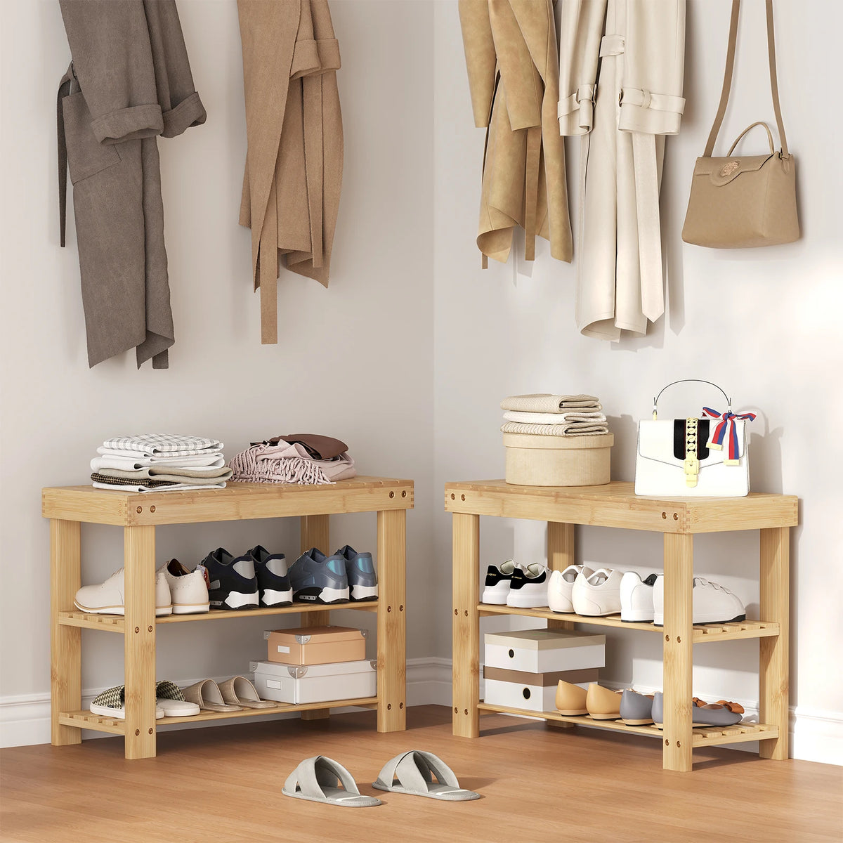 MCQ 3 Tier Wood Shoe Cabinet 27 Inches Bamboo Shoe Rack Storage Bench for Entryway 286 LBS Capacity For Entrance Living Room Bedroom
