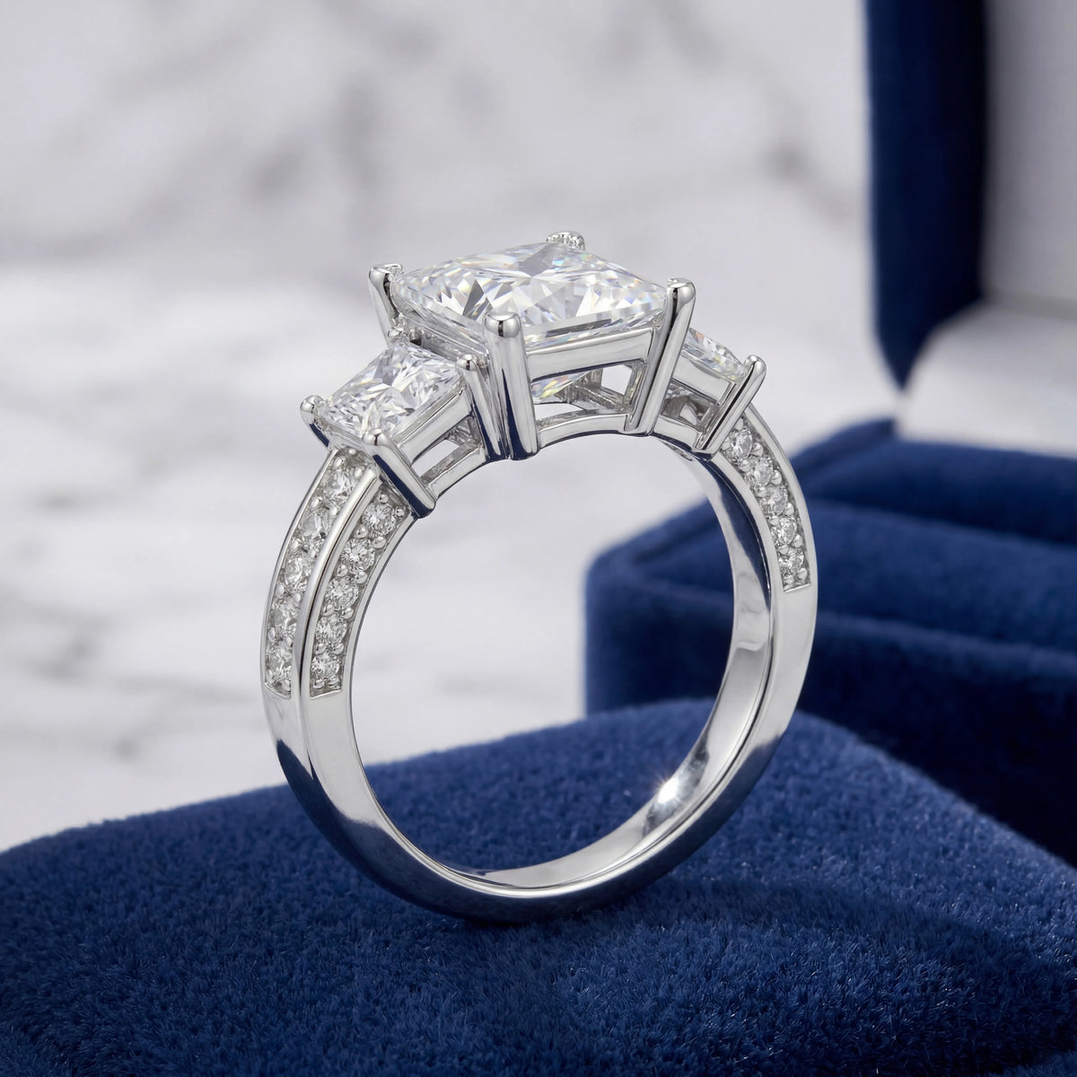 Princess Cut Three Stone Moissanite Ring, S925 Silver, D Color VVS1, 3ct, Hip Hop, Unisex, Passes Diamond Tester