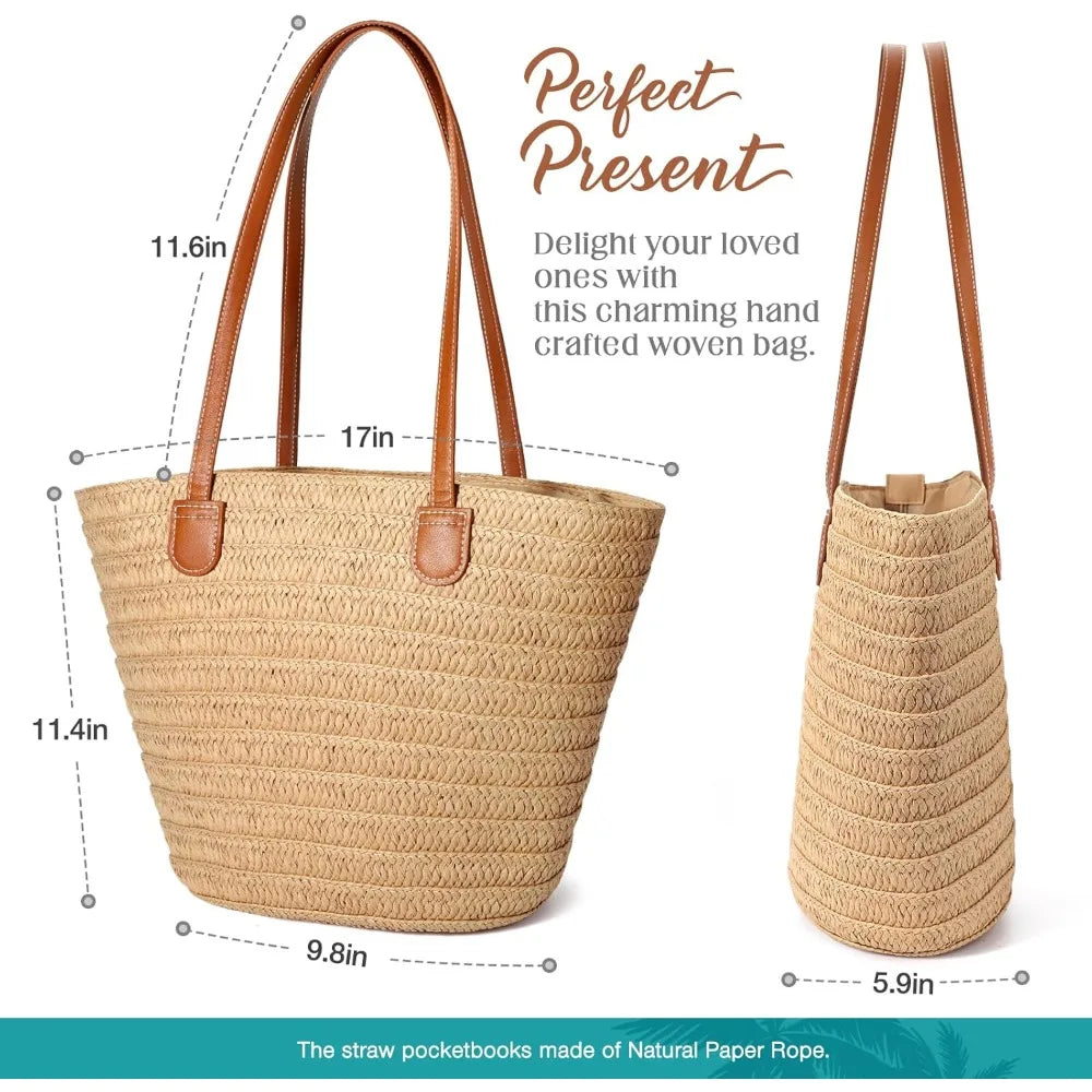 Straw Bags for Women Summer Straw Beach Bag Straw Purse Shoulder Handbags Large Beach Tote for Summer Vacation