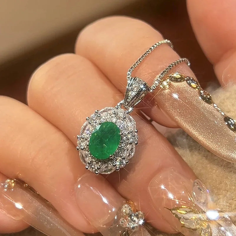 Luxury Emerald Oval Jewelry Adjustable Ring Pendant Necklace Halo Earrings Sparkling Women's Fine Jewelry for Wedding Party Gift
