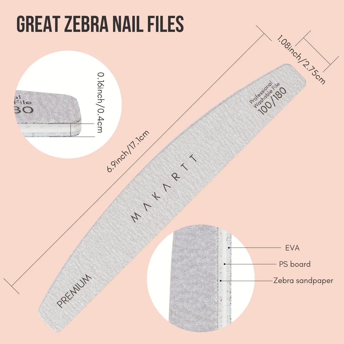 Makartt Nail File 100/180 Grit Emery Boards for Nails, 10Pcs Doubled Sides Coarse Fingernail Filer for Acrylic and Extension