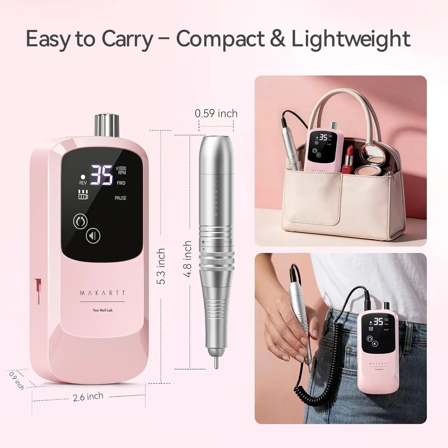 Makartt Rechargeable Electric Nail Drill 35000 RPM with Storage Stand Acrylic Gel Polishing Removing LED Display Cordless Efile
