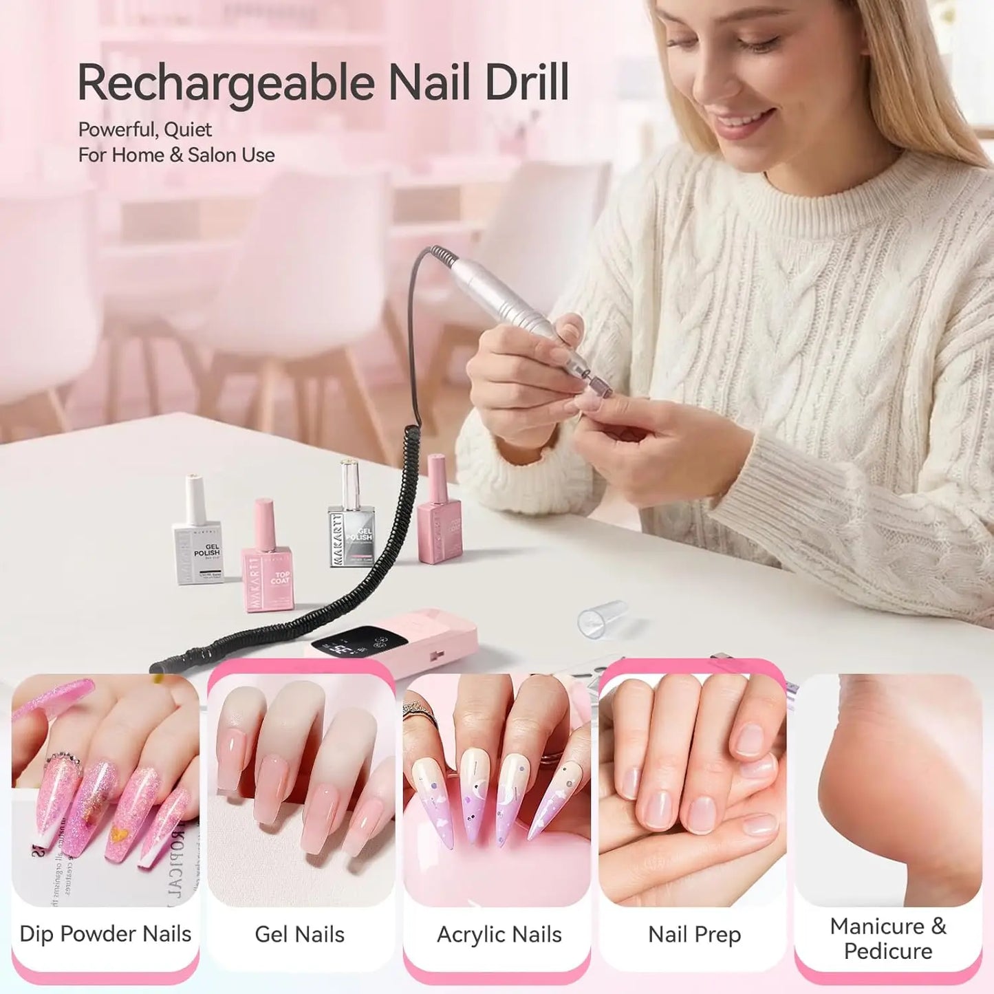 Makartt Rechargeable Electric Nail Drill 35000 RPM with Storage Stand Acrylic Gel Polishing Removing LED Display Cordless Efile