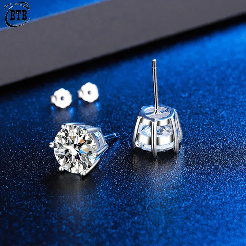 Cbtb 925 Sterling Silver GRA Certified 0.5-3CT Real Moissanite D Color VVS1 Six-jaw Stud Earrings Women Wedding Band Jewelry