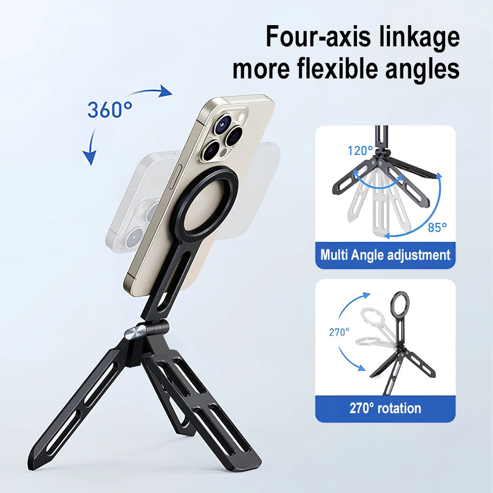 360° Rotating For Magsafe Magnetic Phone Tripod Selfie Stick Foldable Stand Aluminum Cell Phone Holder Stand For iPhone 18 Pro Max 17 16 15 Samsung Smartphone Desktop Mount