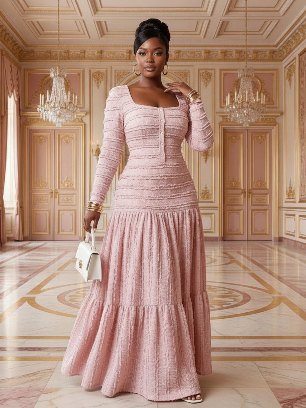 Women's Square Neck Button Front Long Sleeve Tiered Maxi Dress For Wedding Guest Dinner Evening Formal Fashion Occasions