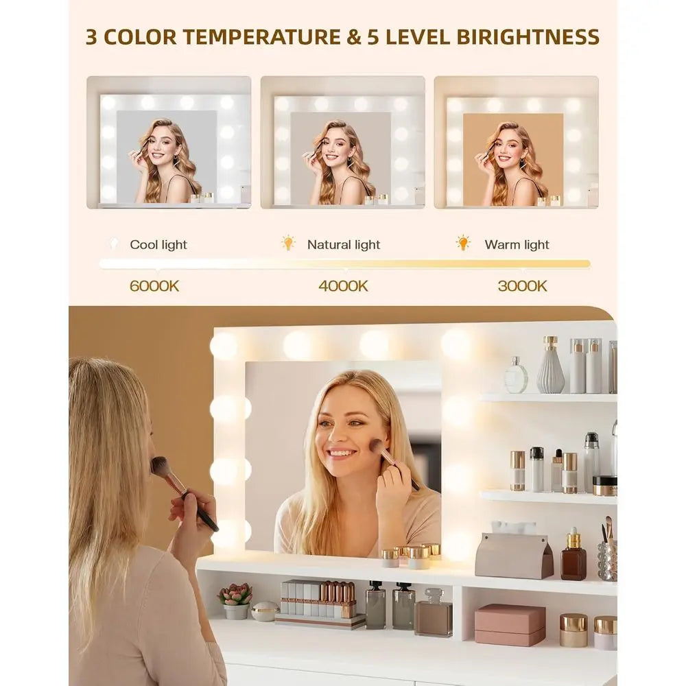 LIVELYGLOW White Makeup Vanity Desk with Charging Station & 4 Ders | 10 LED Bulbs, HD Mirror, Cushioned Stool, Hairdryer Rack