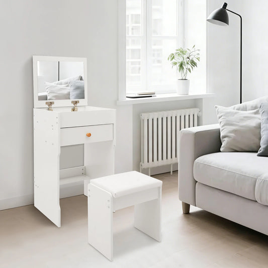 Vanity Dressing Table with Mirror and Stool 15.8" White Compact Storage Desk for Bedroom Dormitory Studio Apartment