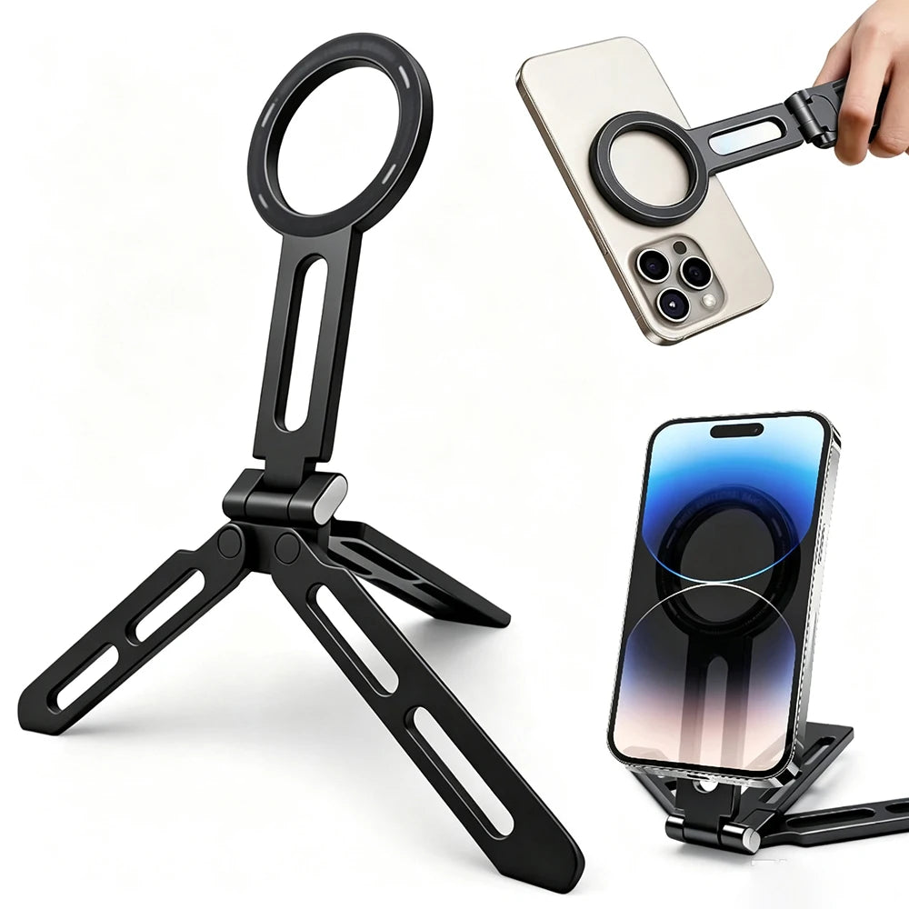 360° Rotating For Magsafe Magnetic Phone Tripod Selfie Stick Foldable Stand Aluminum Cell Phone Holder Stand For iPhone 18 Pro Max 17 16 15 Samsung Smartphone Desktop Mount